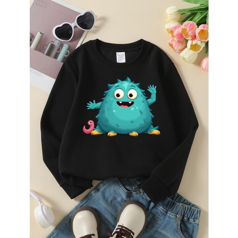 Kids Crewneck Sweatshirt, Cute Monster With Worm Print,Daily Casual Top for Spring & Autumn