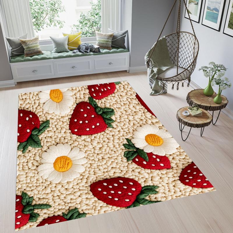 3D Strawberry Daisy Rug Cute Textured Bedroom Rug Entryway Doormat Non Slip Soft Easy Clean Durable Kawaii Home Decor Carpet