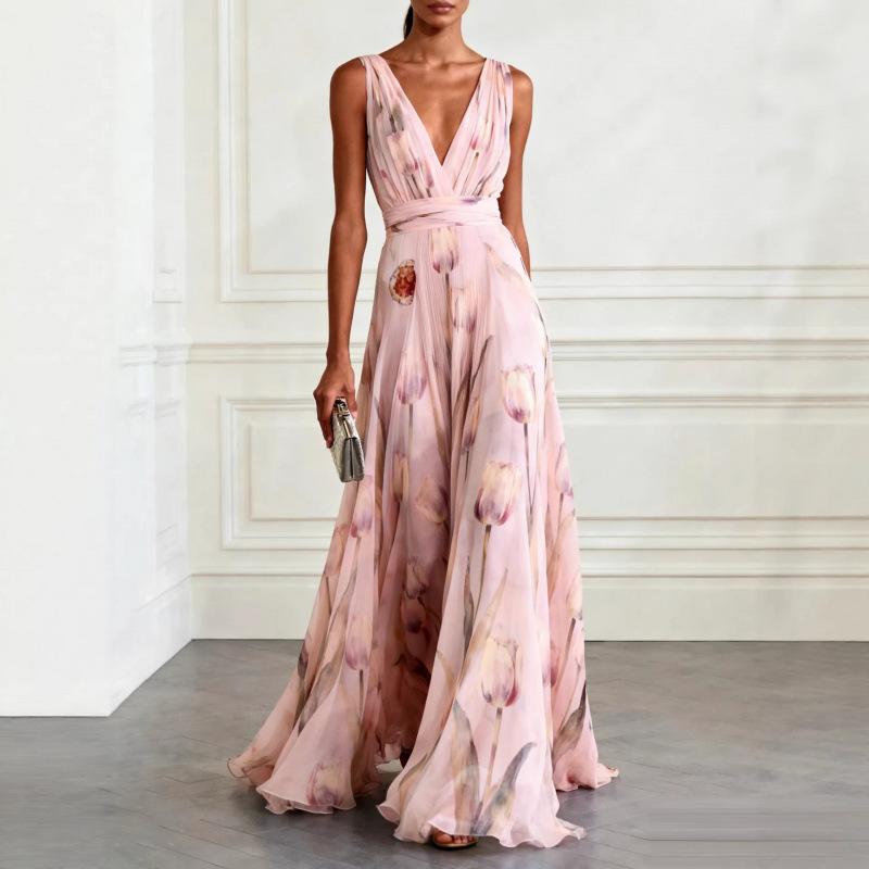 2026 summer new French V-neck light blue tulip print sleeveless long dress
