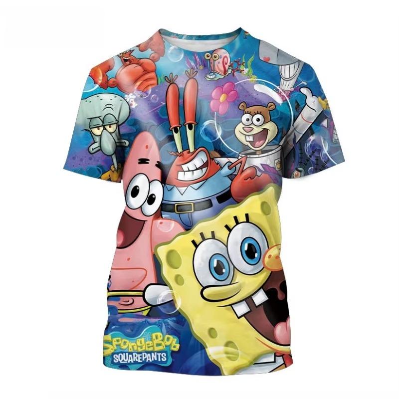 Camiseta Redonda Estampada de Bob Esponja Nueva de Verano para Exteriores Hip Hop Ocio Fitness Estilo Callejero