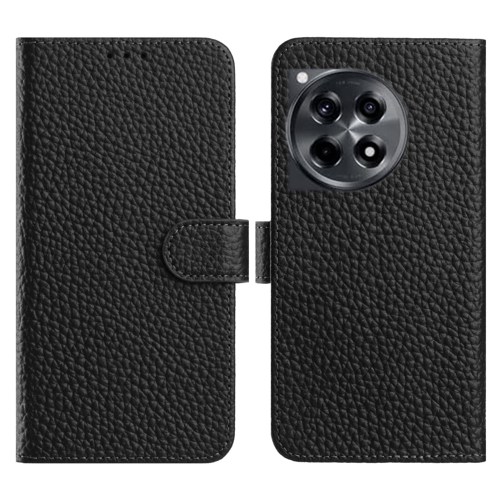 

For OnePlus 12R 5G Case Wallet Stand Litchi Texture Genuine Cow Leather Flip Phone Cover Black