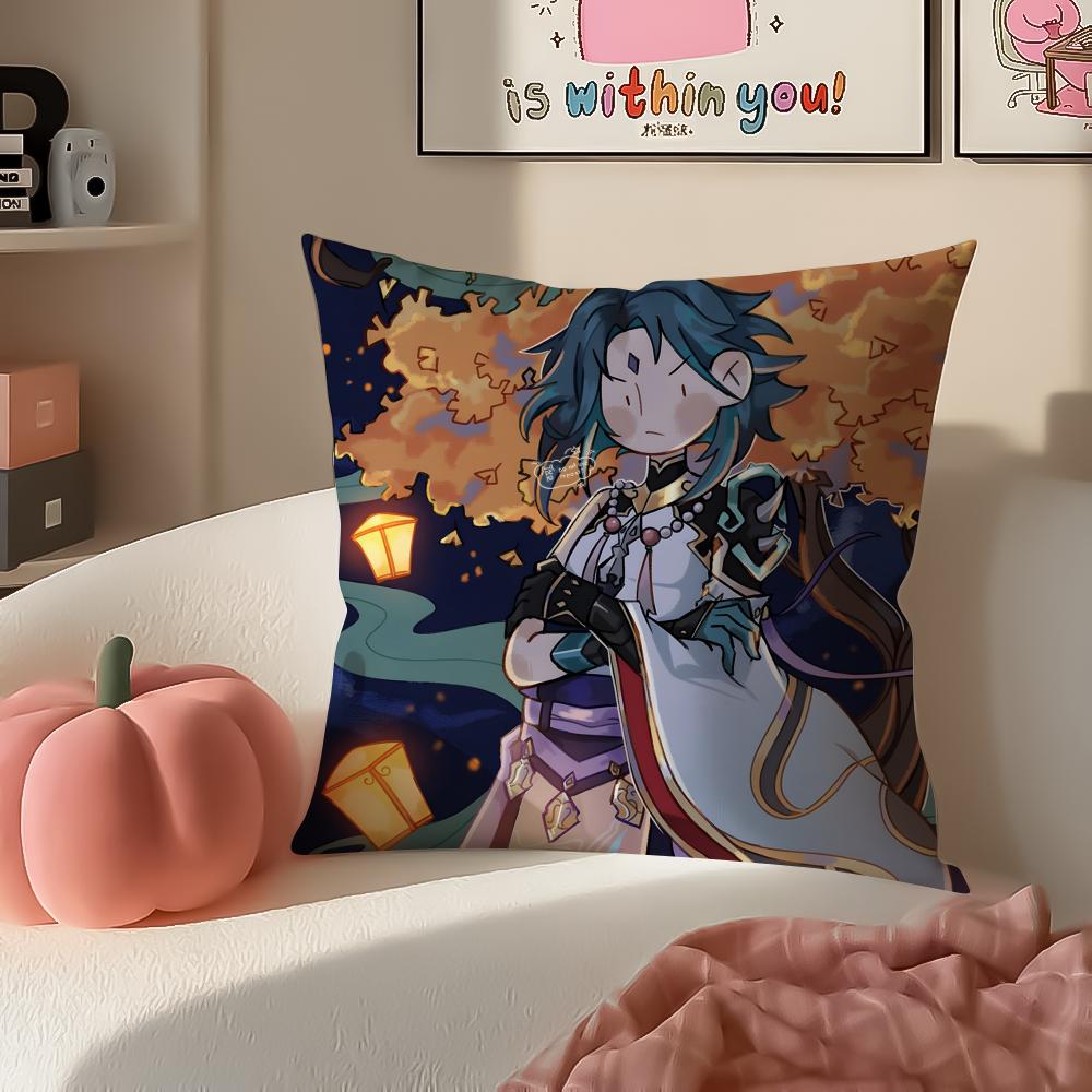 Game Genshin Xiao Cushion Cover Pillowcase Short Plush Invisible zipper Room Sofa Cushion Cover