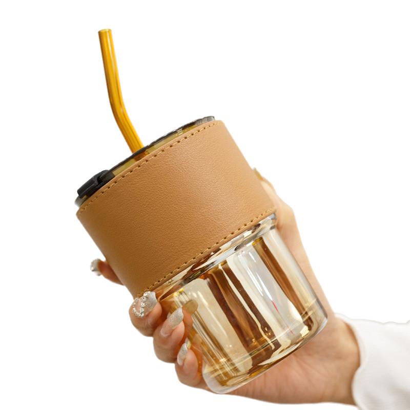 

Прозрачный стеклянный стакан 400 мл с соломинкой, питьевой, съемный кожаный чехол, крышка, кружка янтарь