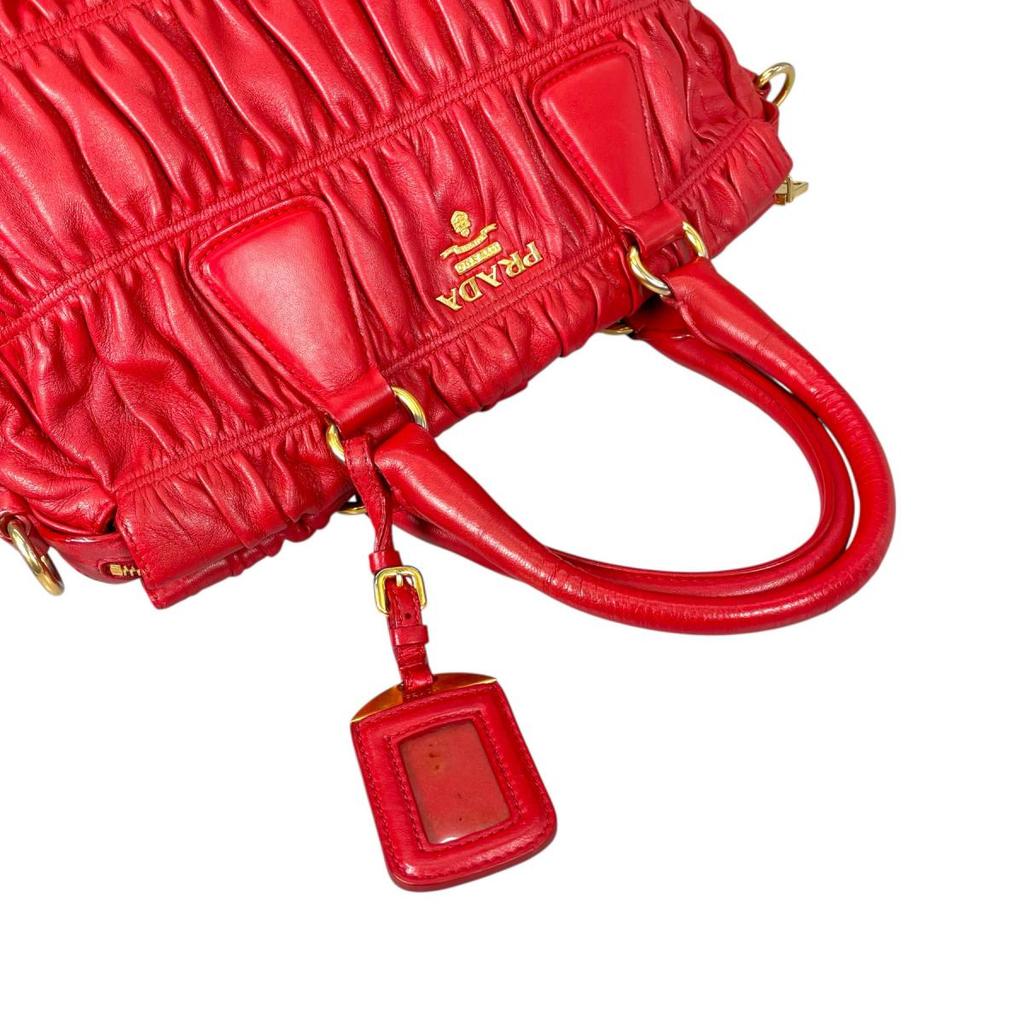 PRADA gathered Nappa Goful Tote Bag leather Red Women B2588L Used