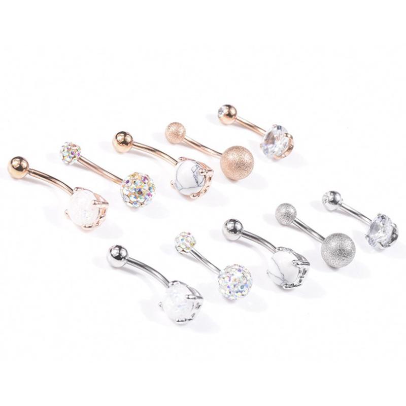 5Pcs/Set Women Navel Button Rings Rose Gold Medical Steel Rhinestone