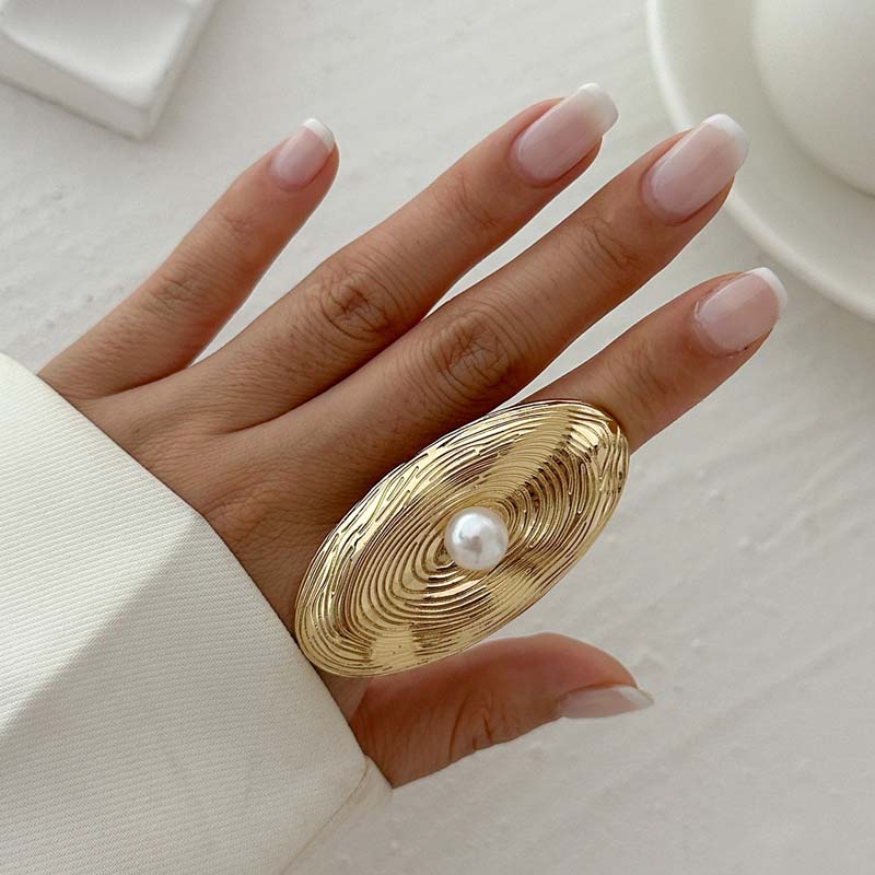 Exaggerated Metal Irregular Hollow Pearl Rings for Women Punk Hip Hop Gold Color Geometric Adjustable Finger Ring Jewelry
