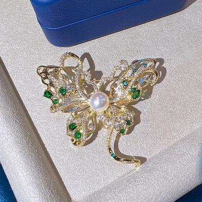 Emerald Ribbon Butterfly Brooch with Copper-Plated Gold, Zircon, and Pearl Setting for Women