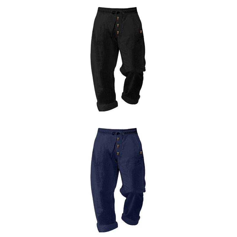 Men Solid Color Linen Loose Drawstring Button Casual Long Pants