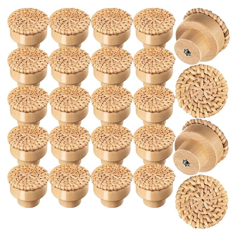 

ABGR-24Pcs Boho Rattan Dresser Knobs Round Wooden Drawer Knobs Cabinets Dresser Handles Hardware Pulls Cabinet Knobs