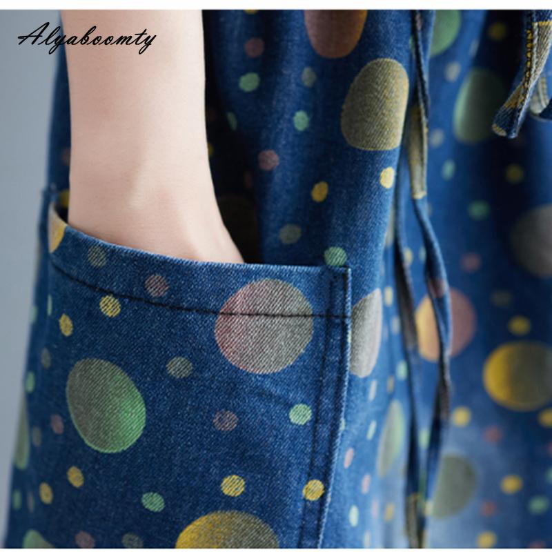 Letní ženy v korejském stylu Potisk Džínovina Midi Sundress Podvazky Vintage Ležérní Šaty s volným šněrováním Stylové pytlovité šaty s kapsami bez rukávů