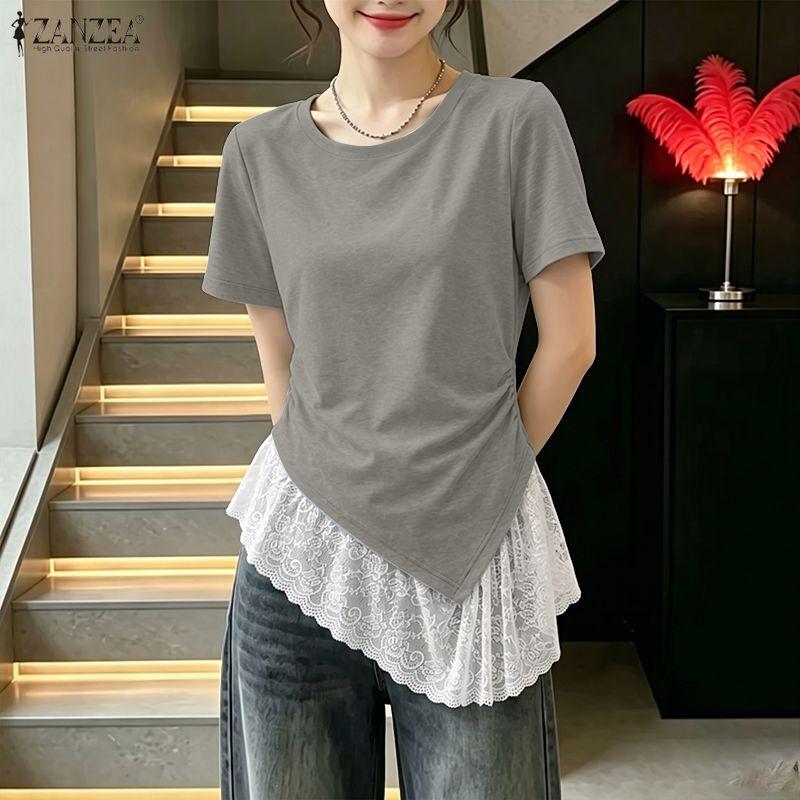 ZANZEA Women Casual Lace Splice Irregular Hem Summer Short Sleeve Blouse Tops