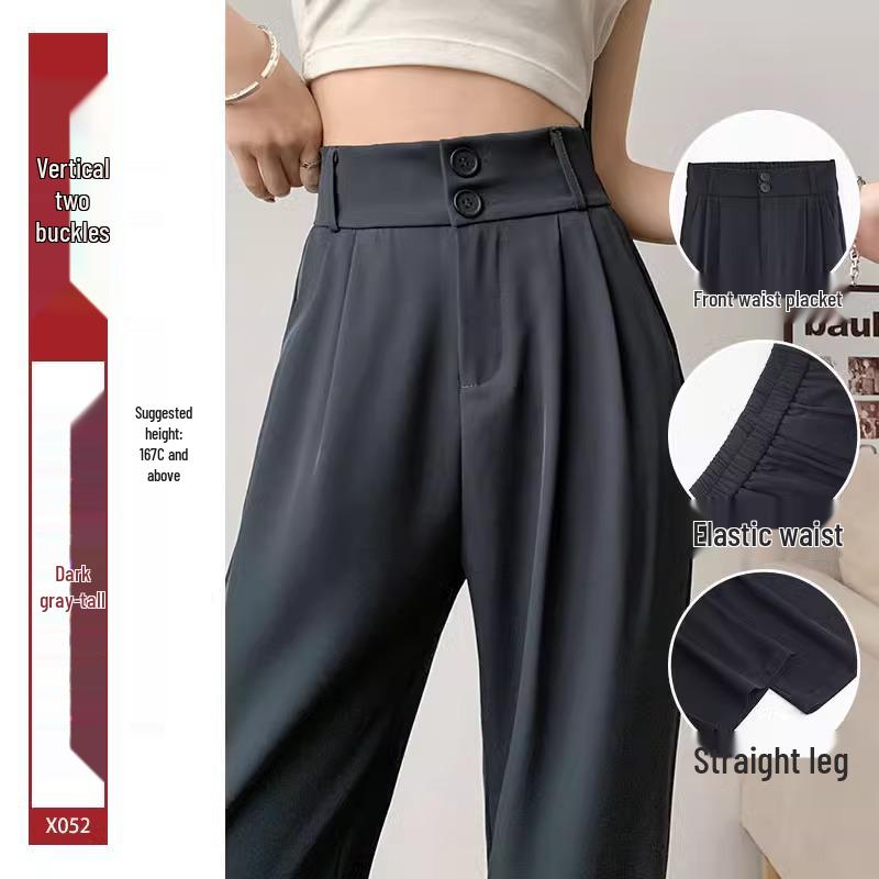 Damskie spodnie garniturowe z wysokim stanem, czarne - Kolekcja Lato 2025, Petite szerokie nogawki, drapowane proste spodnie