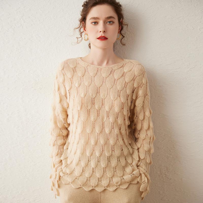 Women's High-End French Cashmere Sweater: Hollowed-Out, Round Neck, Bell Sleeves, 2024 Trend