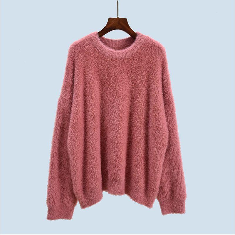 Large Design round Neck Loose and Lazy Style Autumn and Winter Imitation Mink Milk Huhu Soft Glutinous Tops Sweater Women's Knitted Coat