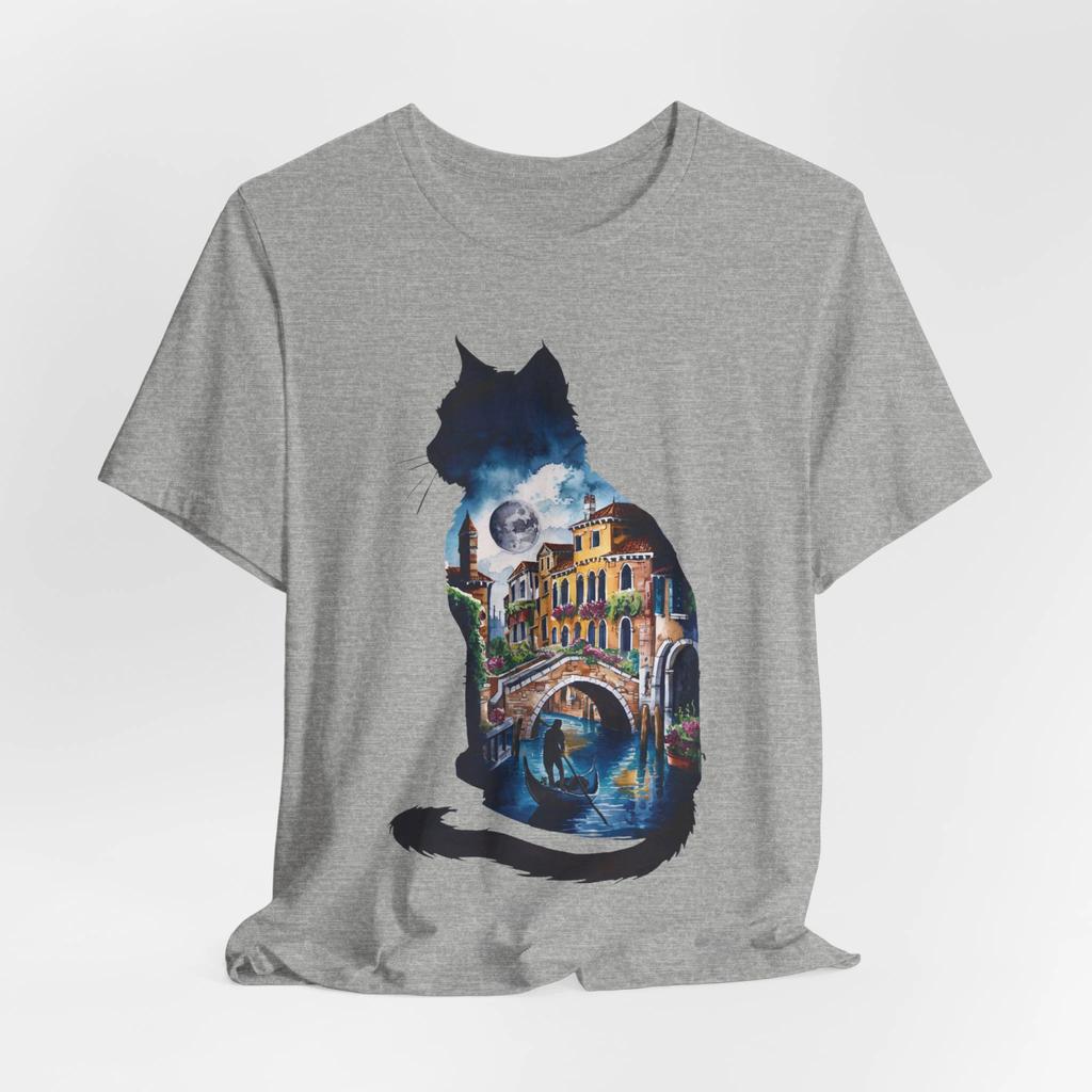 Mystical Cat Venice Scene T-Shirt: Artistic Moon Tee Graphic T Shirts Retro Streetwear Crew-neck Short-sleeved Men's T-shirt
