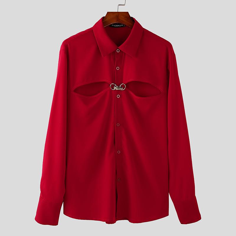 

INCERUN Мужские повседневные рубашки с длинным рукавом и полыми пуговицами S красный