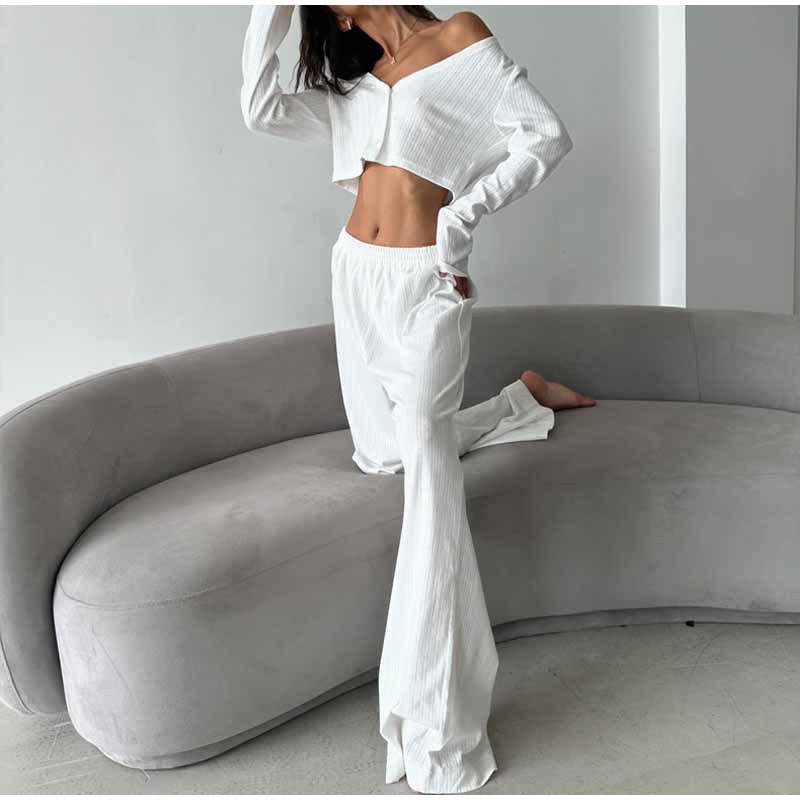 Casual Long Pants Set Woman Spring Summer V-neck Buttons Blouses Full Sleeve Elastic Waist Trousers Sets Female Solid Color Office Lady Suit