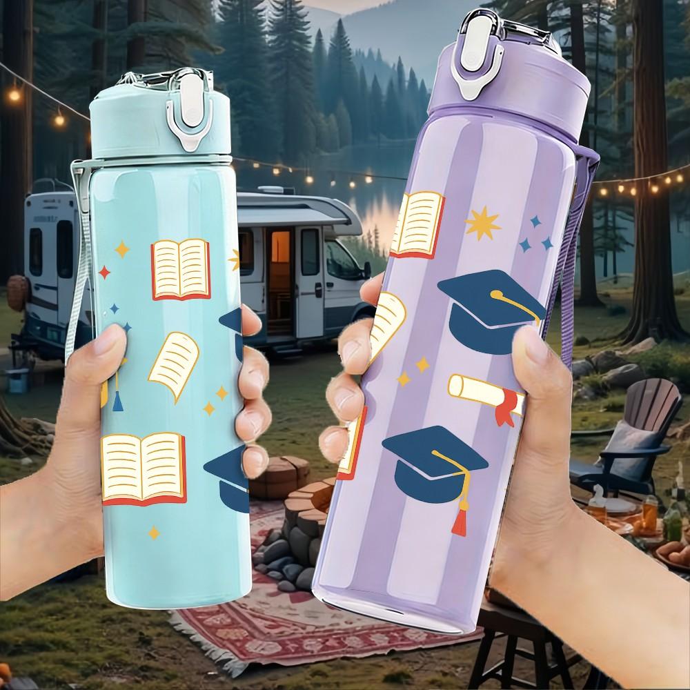 1PC Graduation Cap Diploma Book Pattern 750ml Color Plastic Sports Water Bottle Leakproof Flip Straw Lid Suitable for Sports Office Home Use