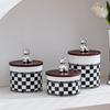 Black and White Grid Ceramic Storage Jar, Sealed Jar with Wooden Lid, Food Storage Container, Candy Jar, Kitchen Supplies