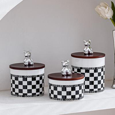 Black and White Grid Ceramic Storage Jar, Sealed Jar with Wooden Lid, Food Storage Container, Candy Jar, Kitchen Supplies