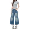 Fashion Pear Shaped Figure Friendly Ice Crack Loose Wide Leg Straight Cropped Capri Denim Pants For Women Trendy Versatile Slimming Hip Cover Design
