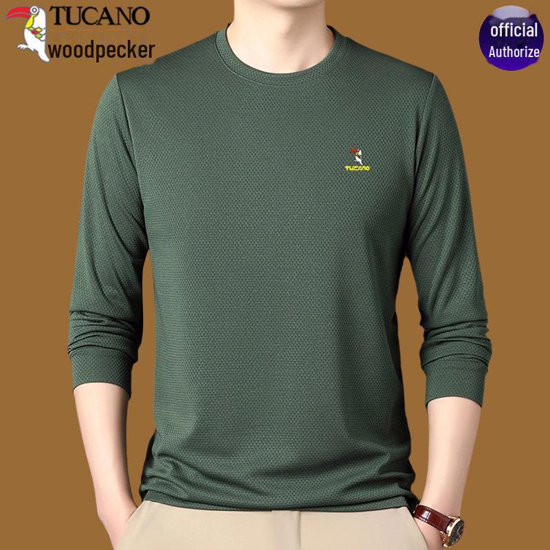 Woodpecker Men's Cotton Long-Sleeve T-Shirt for Midlife and Older - Spring/Autumn Base Layer