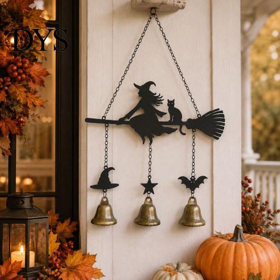 Iron Wind Chime Halloween Witch Broom Chime, Holiday Party Decorative Hanging Bell Metal for Indoor Outdoor Garden Patio Porch Festive