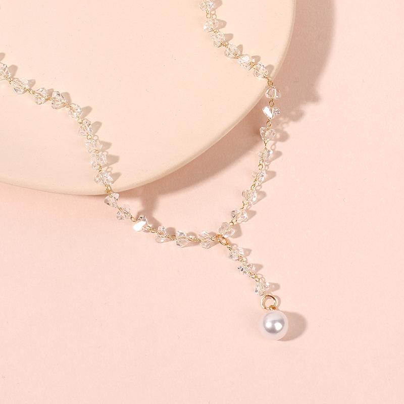 Korean Version of Short Shi Crystal Necklace Collarbone Chain Neck Jewelry Choker Temperament Versatile Fringed Pearl Pendant
