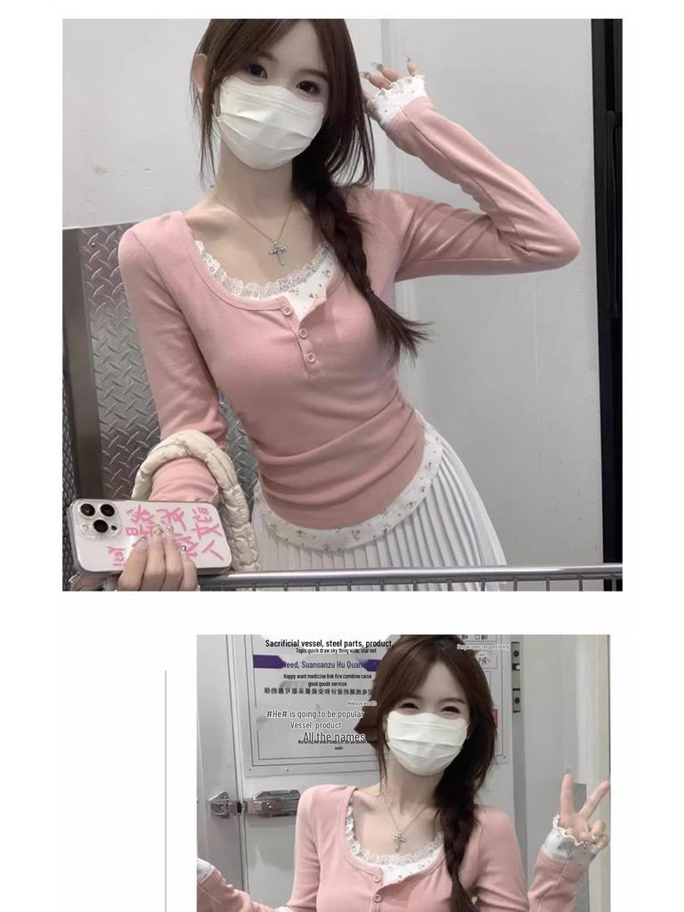 Korean Style Autumn Floral Lace Color-Block Button Shirt: Women's Long Sleeve Two-Piece T-shirt