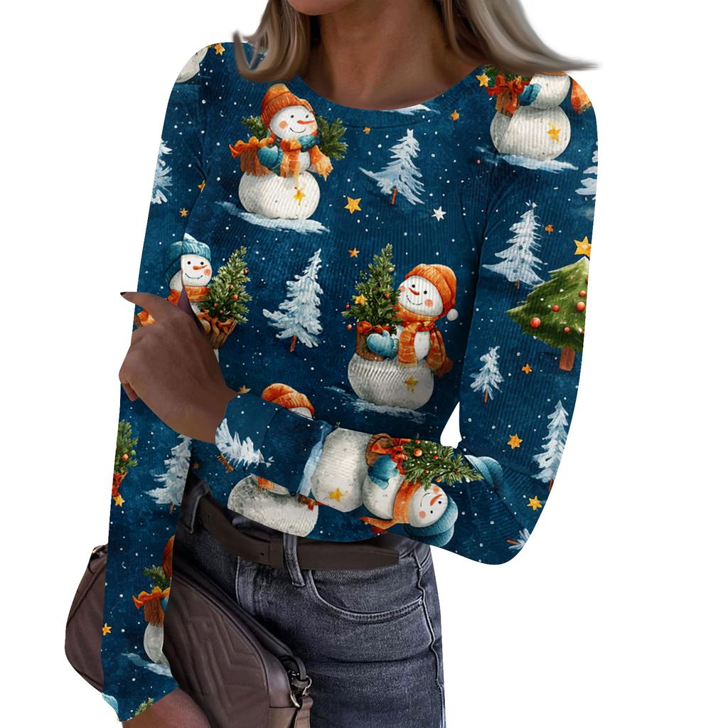 Women's Fashion Slim-Fit Round Neck Base Layer T-Shirt Christmas Print Long-Sleeved Top