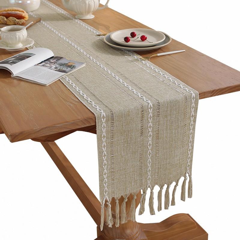 Handmade Tassel Cotton Linen Table Runner Dining Coffee Decor In American Rustic Style