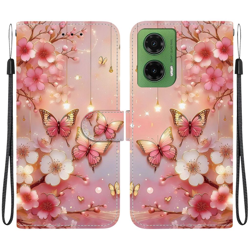 Handmade PU Leather Flip Case for Motorola Moto G35 Anti-Slip Shockproof Cover with Wrist Strap & Heart/Rose Cat Designs