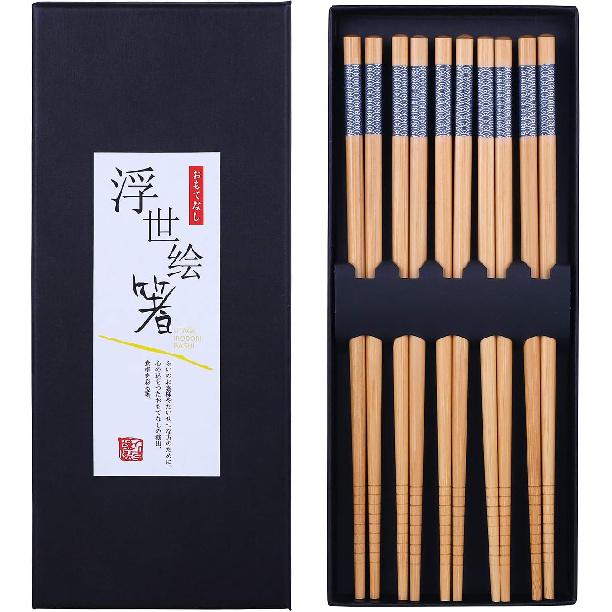 Antner 5 Pairs Natural Bamboo Chopsticks Reble Classic Japanese Style Chop Sticks Gift Sets, Dishwasher Safe, 8.8 Inch/22.5cm
