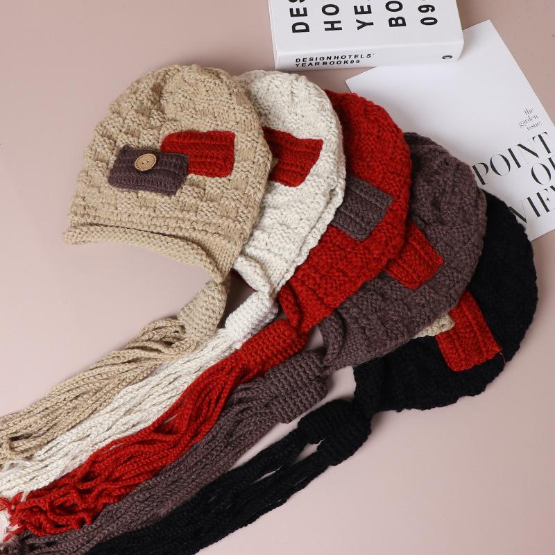 Autumn and Winter Fashionable Knitted Hat for Women Sweet and Warm Hat with Straps Yarn Pullover Hat