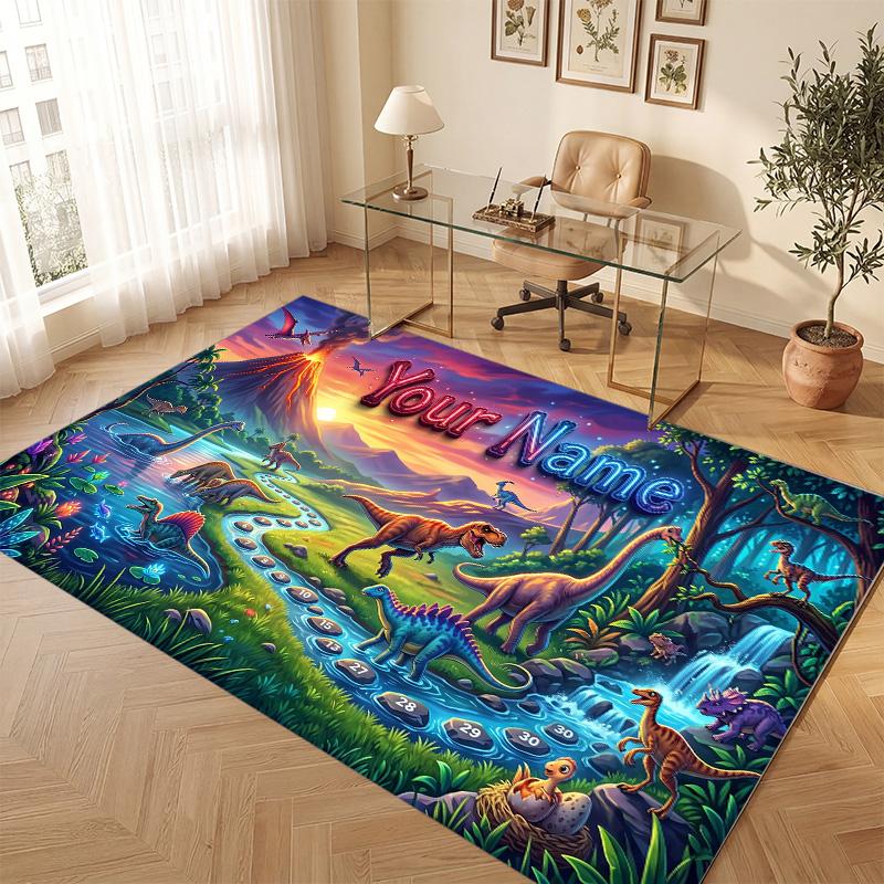 Dinosaur Theme Soft Crystal Velvet Rug Custom Name & Text Print Non Slip Floor Rug for Bedroom Living Room