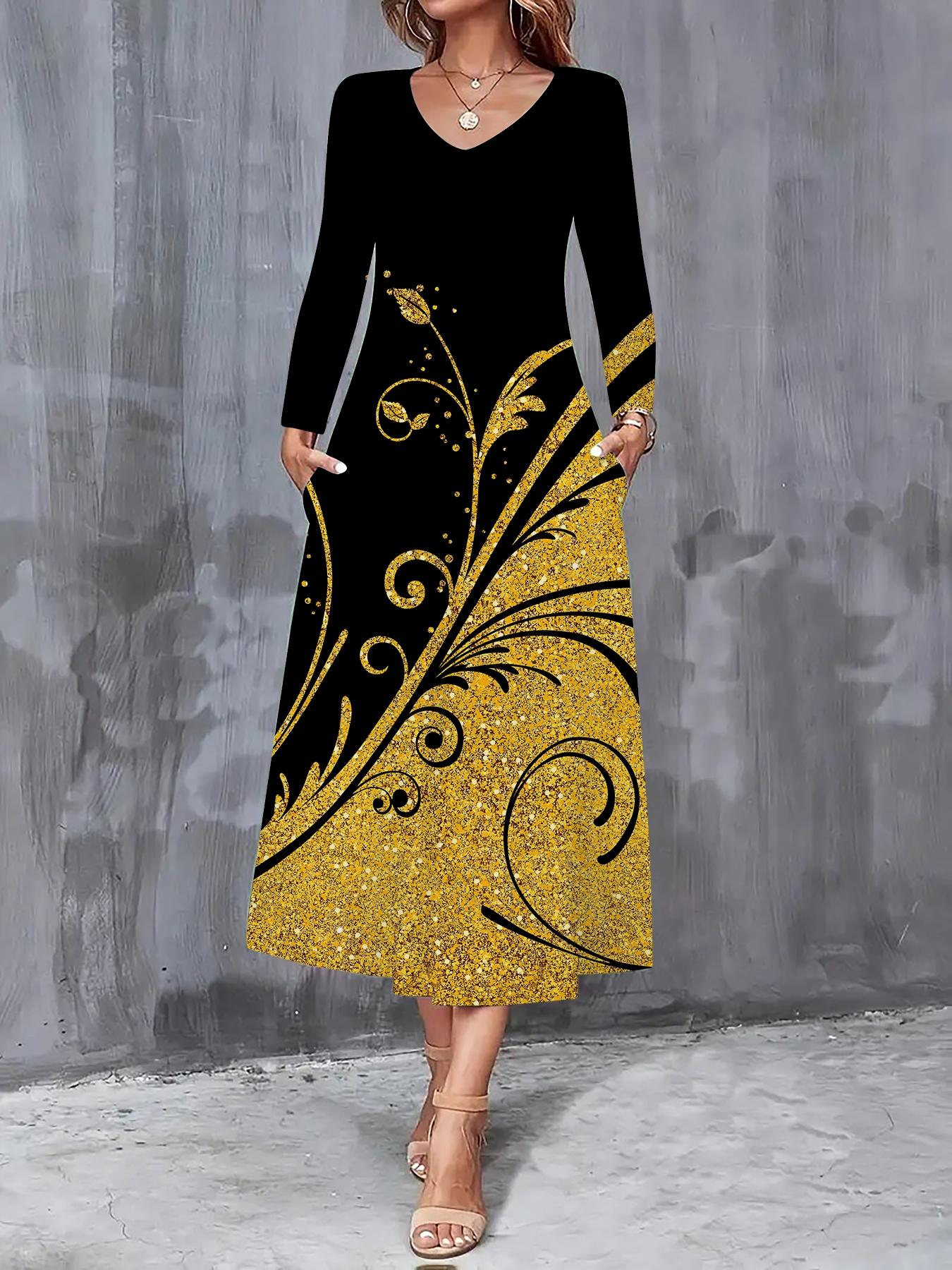 

2025 Autumn and Winter New Women Casual Fashion Dress Autumn 3D Leaf Print Long Sleeve V-Neck A-Line Dresses XXL золотий