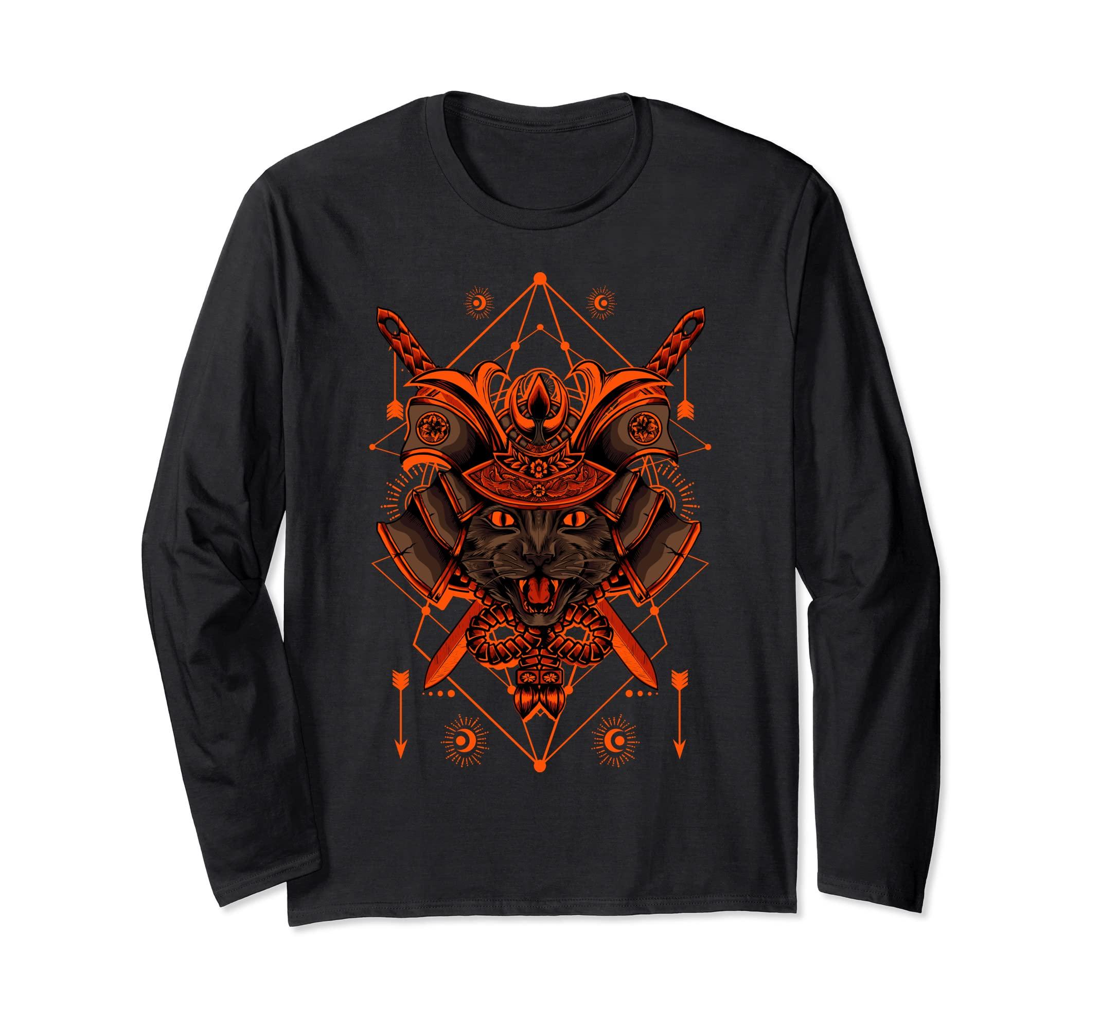 

Samurai Cat Japanese Graphic Long Sleeve T-Shirt чорний