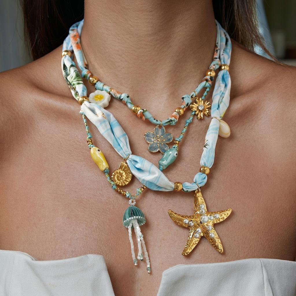 Summer Style Elegant Stainless Steel Gold Plated Scarf Necklace DIY Flower Marine Organisms Pendant Women's Jewelry Holiday