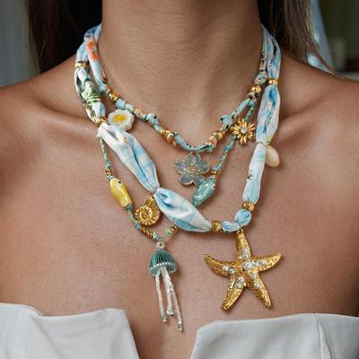 Summer Style Elegant Stainless Steel Gold Plated Scarf Necklace Diy Flower Marine Organisms Pendant Women's Jewelry Holiday