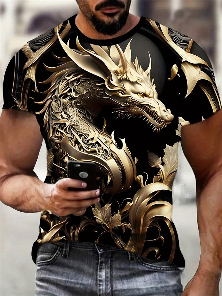 2026 New Men's 3D Dragon Print T-shirt Casual Short-sleeved Pullover Polyester Round-neck Summer Outdoor Clothing Adult Size