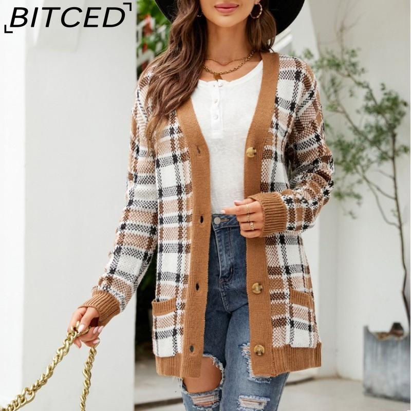 BITCED Autumn/Winter Women's Diamond-Patterned Oversized Knitted Cardigan Jacquard Mid-Length Sweater Coat