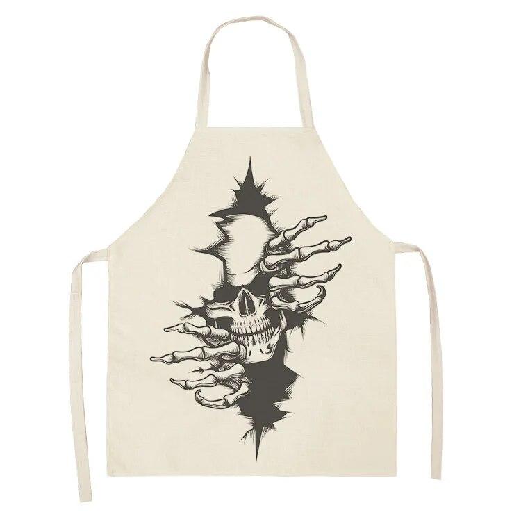 Women's Kitchen Apron Skull Print Waterproof Cooking Oil Proof Linen Stain Proof Chef's Apron Cleaning Tools 47X38CM 68X55CM