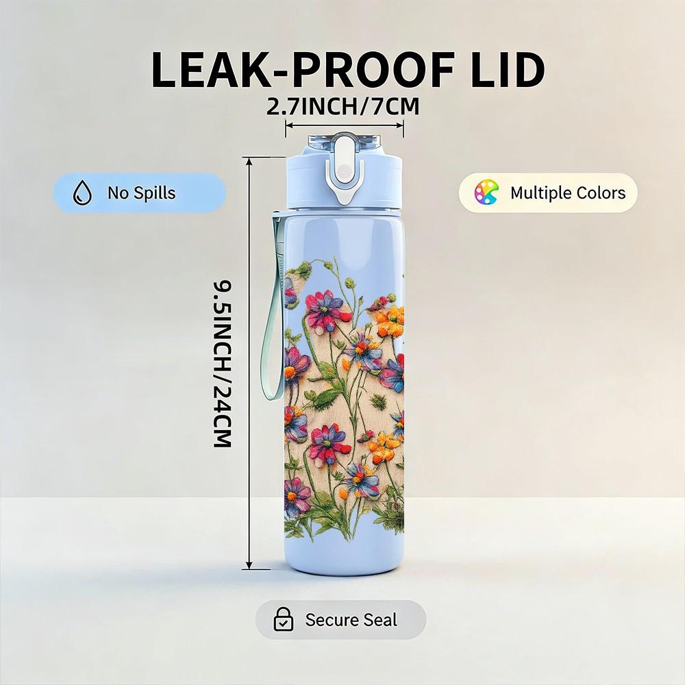 1PC Wild Mixed Garden Flower Bouquet Print 750ml Color Plastic Sports Water Bottle Leakproof Flip Straw Lid Suitable for Sports Office Home Use