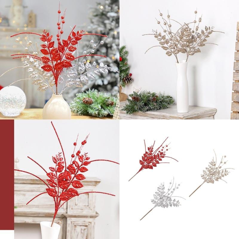 6Pcs Decorative Faux Leaves with Berries Gold Powder Coated Leaf and Berries Clusters for Creative Decoration