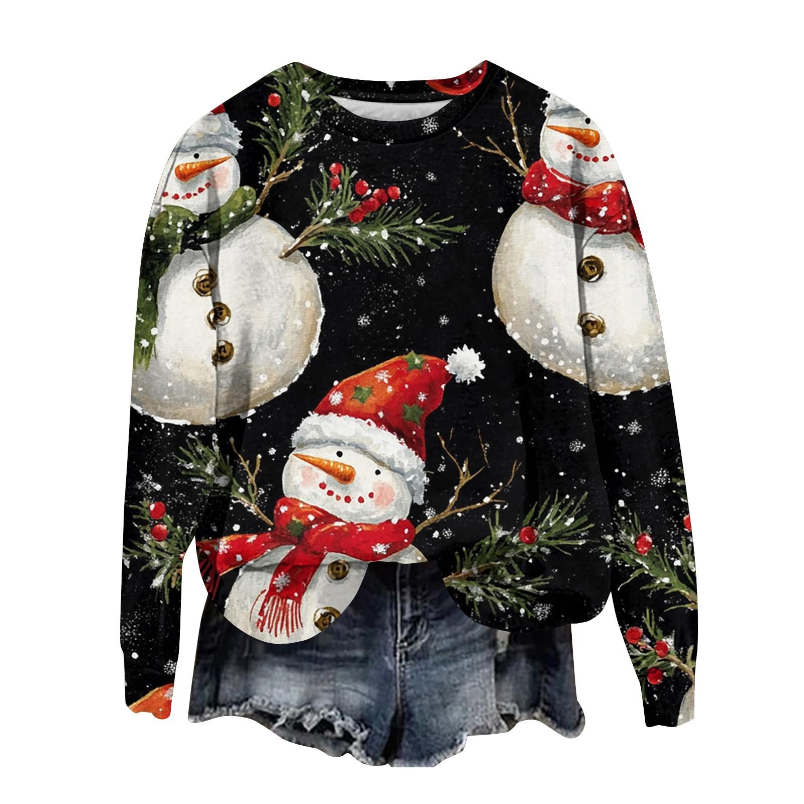 Женская мода круглый вырез пуловер длинный рукав футболка рождественский принт топ M — фото 3