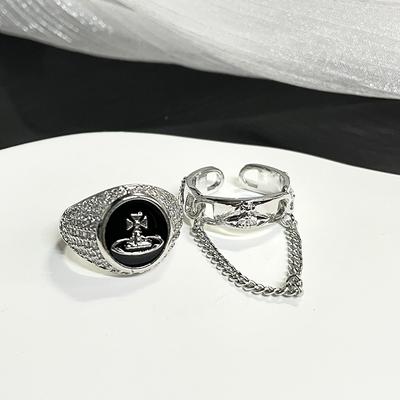 Planet Saturn Dark Chain Dripping Oil Open Ring Personality Light Luxury High Sense French Niche Design Jewelry Women