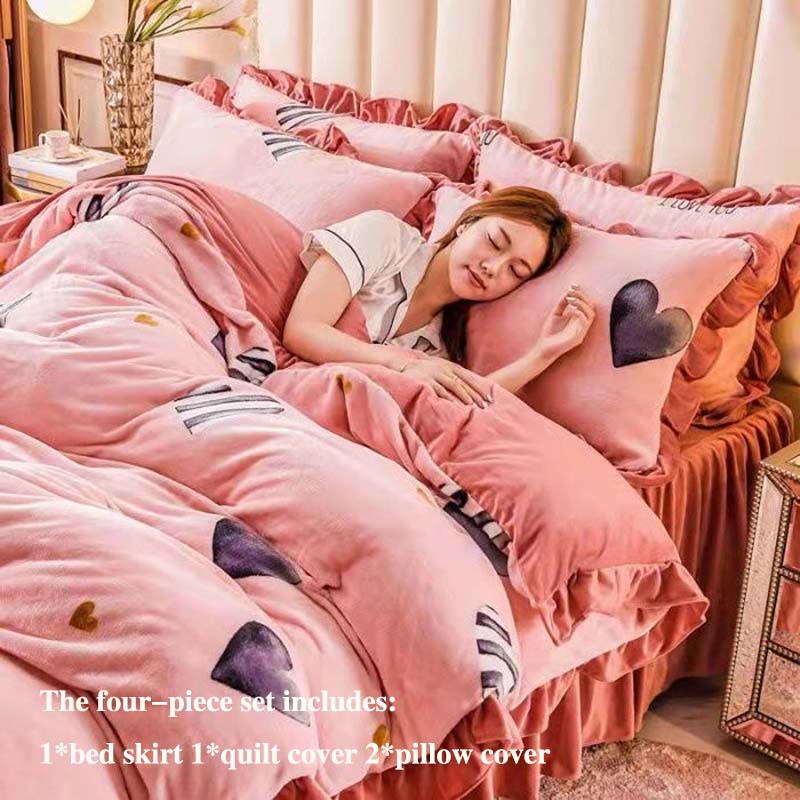 Silný mléčný samet Čtyřdílná sukně na postel Povlak na polštář Povlak na polštář Plus sametový teplý oboustranný povlak na přikrývku Sada ložního prádla