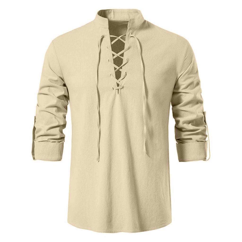 Herren Stehkragen Langarmhemd Baumwolle Henleys Shirt Hippie Lässig Strandhemd
