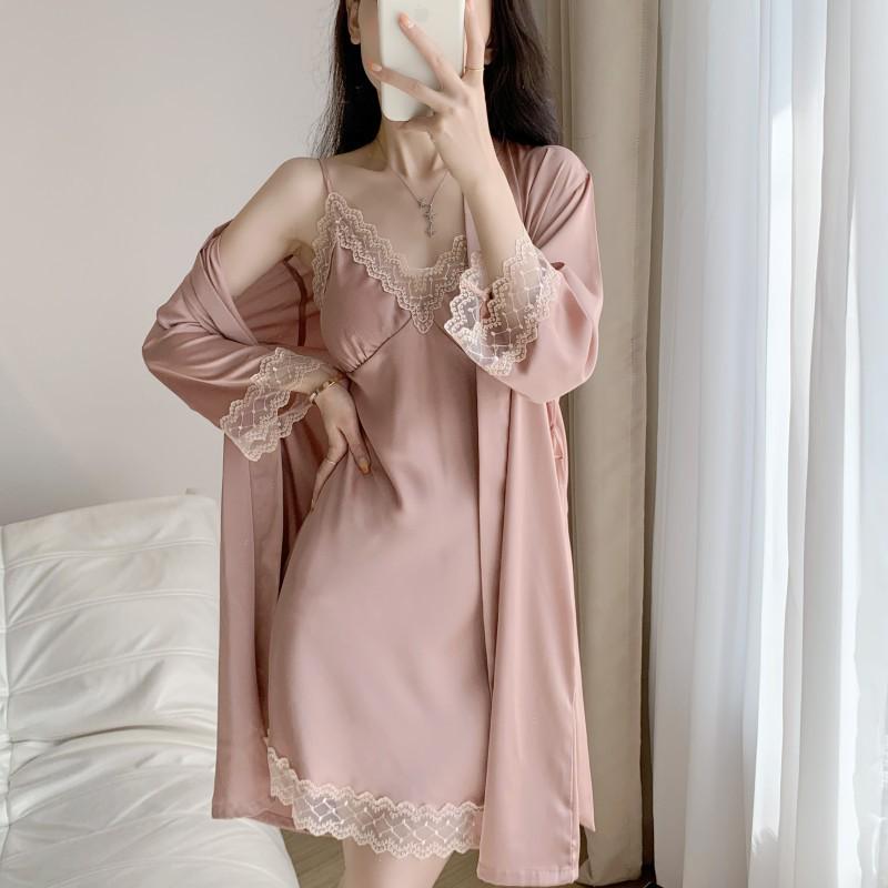 2023 Women's Sexy Summer Two-Piece Pajama Set: Ice Silk Camisole Nightdress & Long Sleeve Robe with Chest Pads