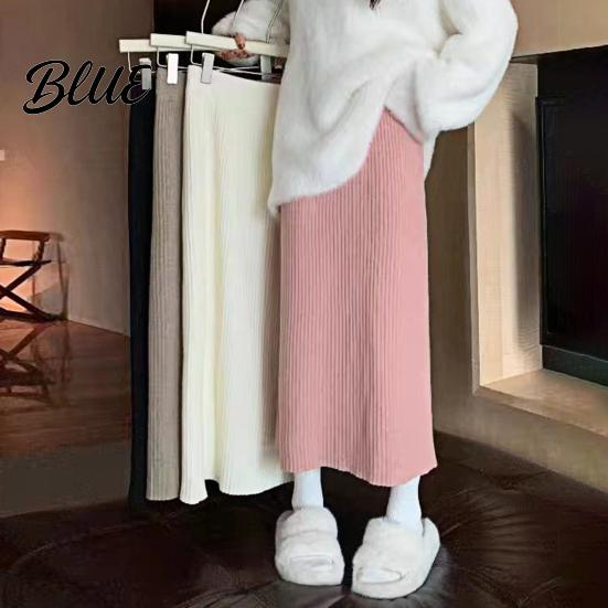 Midi Skirt Women High Waist Loose Fit Ribbed Knitting Solid Slimming High-waisted Color Autumn Winter Straight